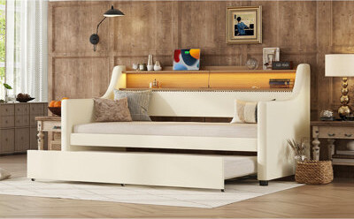 Latitude Run Twin Daybed With Trundle In Warm Beige - Charging Station Led Lights & Practical Storage Upholstered Lights Headboard Basket