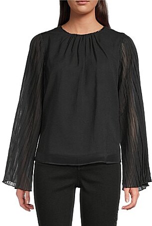 MelloDay Scalloped Neck Detail Long Sheer Bell Sleeve Pleated Blouse