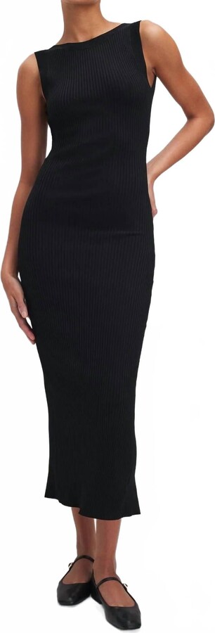 Good American Shine Rib Off Scoop Back Midi Dress In Black
