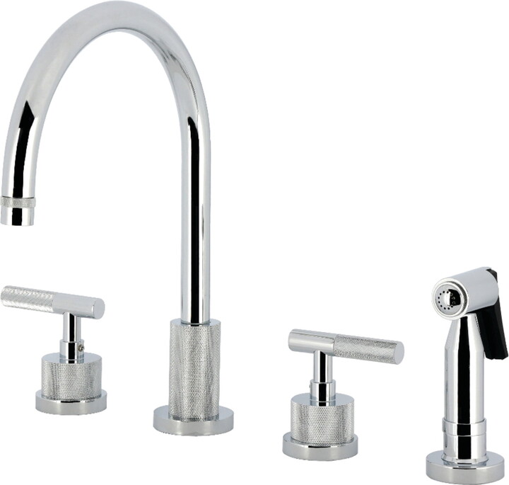 Kingston Brass KS8721KNLBS Convergent Double-Handle Widespread Kitchen Faucet with Knurled Handle and Brass Sprayer, Polished Chrome