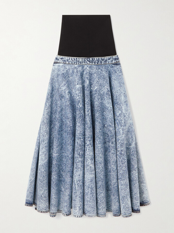 Alaia Stretch-knit And Pleated Denim Midi Skirt - Blue