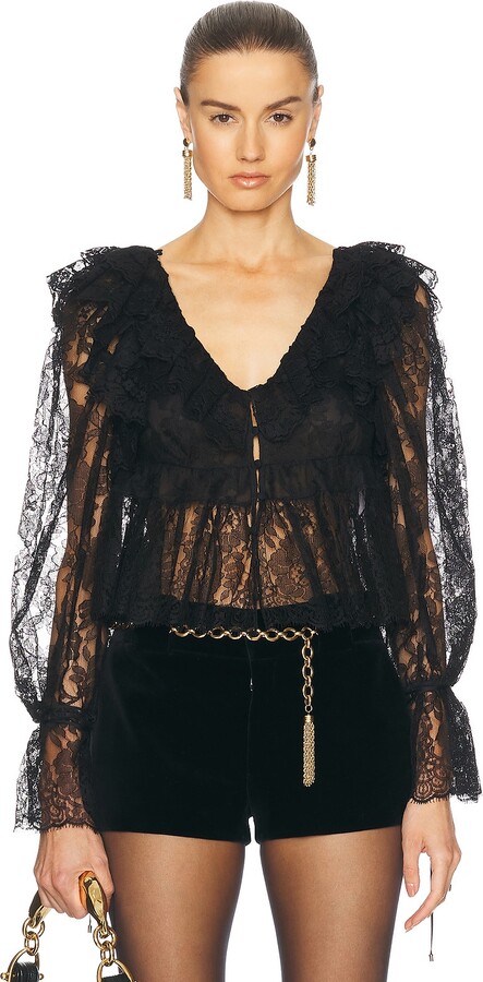 Chloé V Neck Ruffle Lace Blouse in Black
