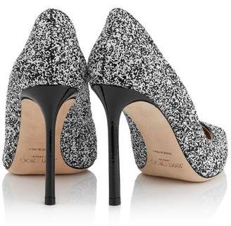 Jimmy Choo ROMY 100 Black and White Dotted Coarse Glitter Fabric Pointy Toe Pumps