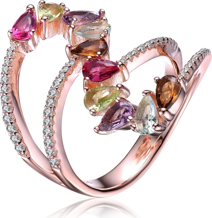 Genevive Sterling Silver 18K Rose Gold Plated Multi Colored Swirl Setting Ring