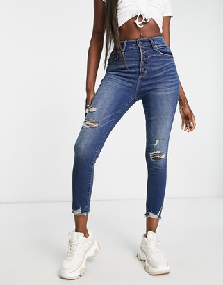 Abercrombie & Fitch exposed distressed hem high rise jeans in dark destroy