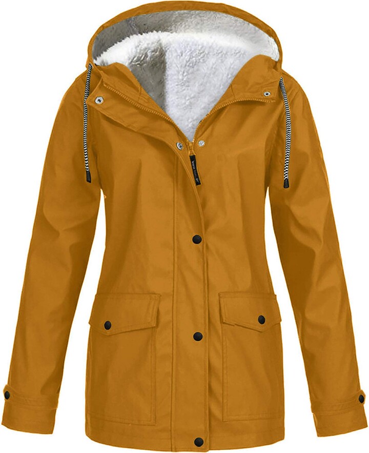 Yivise Womens Oversized Fleece Lined Raincoat Waterproof Trench Coat