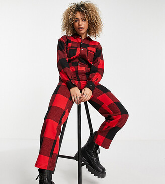 Collusion brushed check boilersuit in red and black