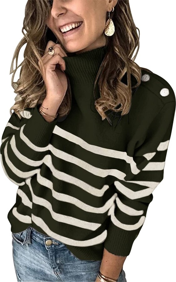 KIRUNDO 2021 Winter Women’s Long Sleeves Knit Sweater Turtleneck Striped Print Loose Pullover Tops Deco with Metal Button 