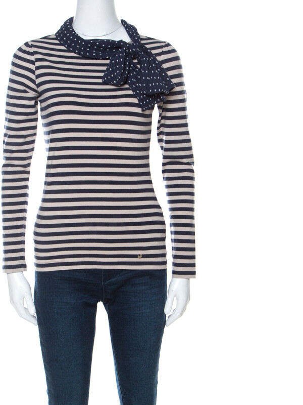 CH Carolina Herrera Blue and Beige Striped Cotton Jersey Necktie Detail Top XS