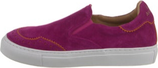 The Office of Angela Scott Suede Slip-On Sneakers Purple Colorblock Pattern Scalloped & Cutout Accents Round-Toes Platform Includes Dust Bag