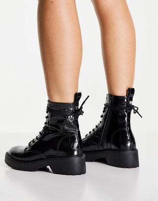 Steve Madden tornado lace up chunky ankle boots in black croc - ShopStyle