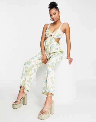 Miss Selfridge Petite cut out wide leg strappy jumpsuit in green floral -  ShopStyle