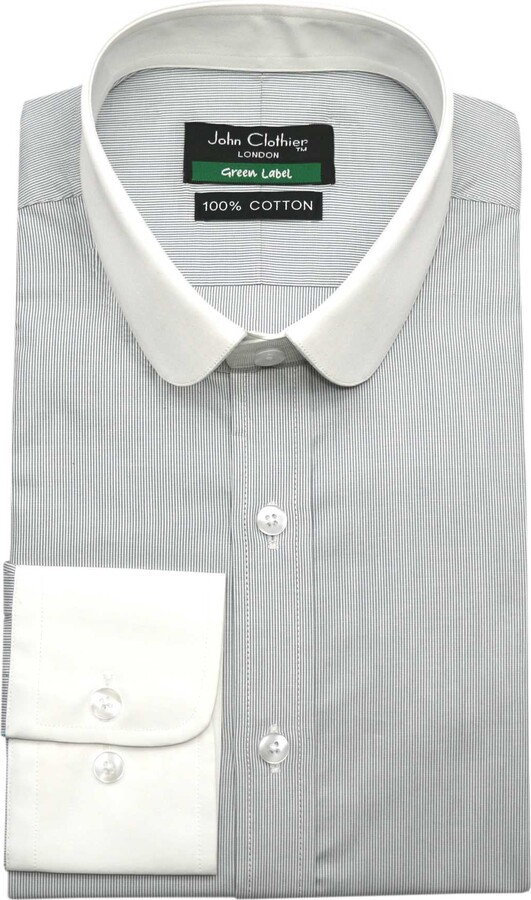 John Clothier FBA Grey Pinstripes Men's Round Penny Collar Shirt Peaky
