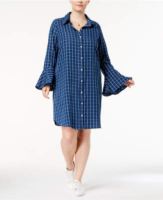 Monteau Trendy Plus Size Bell-Sleeve Plaid Shirtdress
