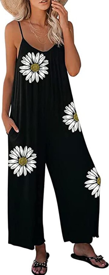 Happy Sailed Jumpsuits for Women Summer Sleeveless Sunflower Print Jumpsuits  Wide Leg Long Pants Rompers One Piece Outfits Black Small - ShopStyle