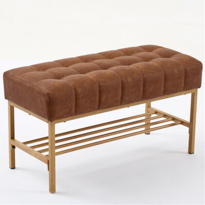 End Of Bed Bench With Shelf, Retro Leather Upholstered Storage Shoe Bench, Modern Bedroom Bench With Metal Legs For Living Room, Entryway, Dining Room