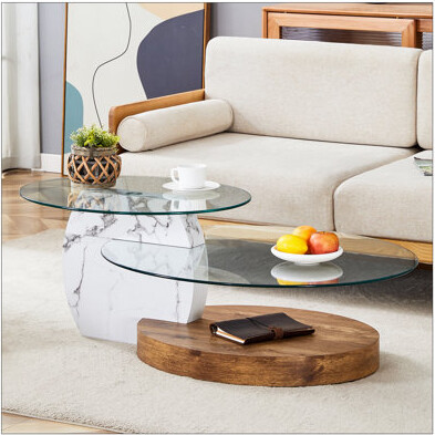 Ivy Bronx Contemporary Artistic Double Layer Coffee Table - White Marble and Wood Grain Fusion, Durable and Stylish Design