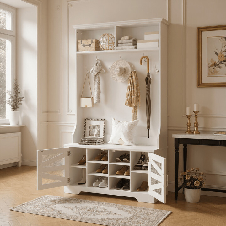 Homy Casa Entryway Hall Tree Bench with Coat Rack, Shoe Storage, Shelves and Cabinet Organizer