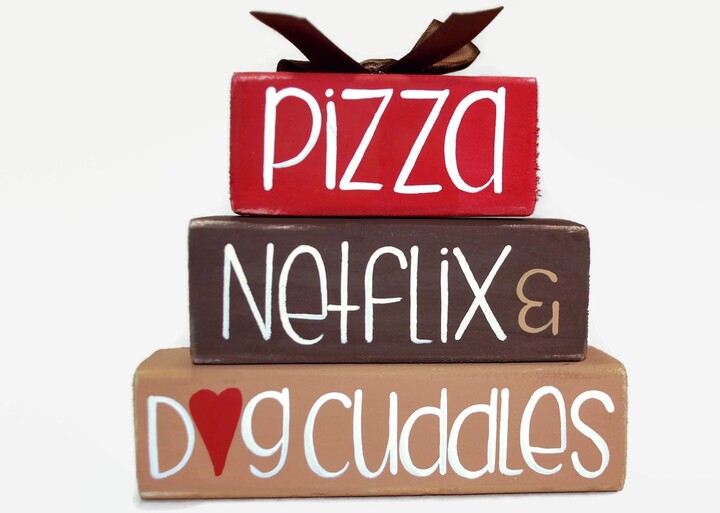 Pizza Netflix Dog Cuddles Woodenblock Shelf Sitter Stack