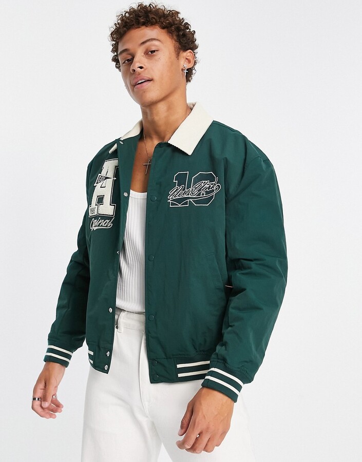 Mens Jacket Asos Green Bomber Jacket ASOS DESIGN Varsity