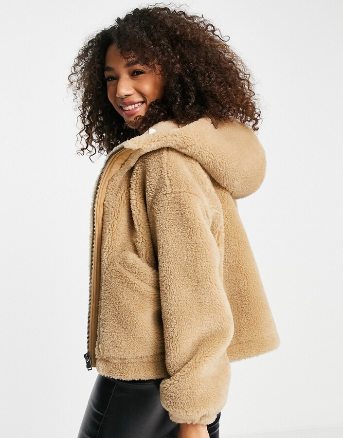 Topshop faux fur shearling zip up jacket with hood in tan - ShopStyle