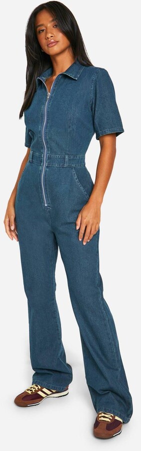 boohoo Petite Denim Zip Up Boilersuit ShopStyle Jumpsuits Rompers