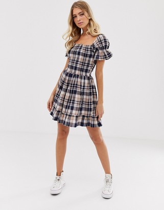 Wednesday's Girl mini dress with shirring and puff sleeves in check