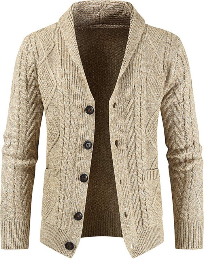 Mens Chunky Collar Cardigan Sweater Buttons Knitted Jumper Coat Jacket Warm UK