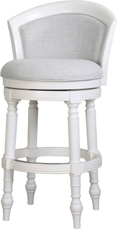 New Ridge Home Goods Emily 31 in. White Wood Barrel-Back Swivel Bar Stool with Grey Upholstered Seat and Back