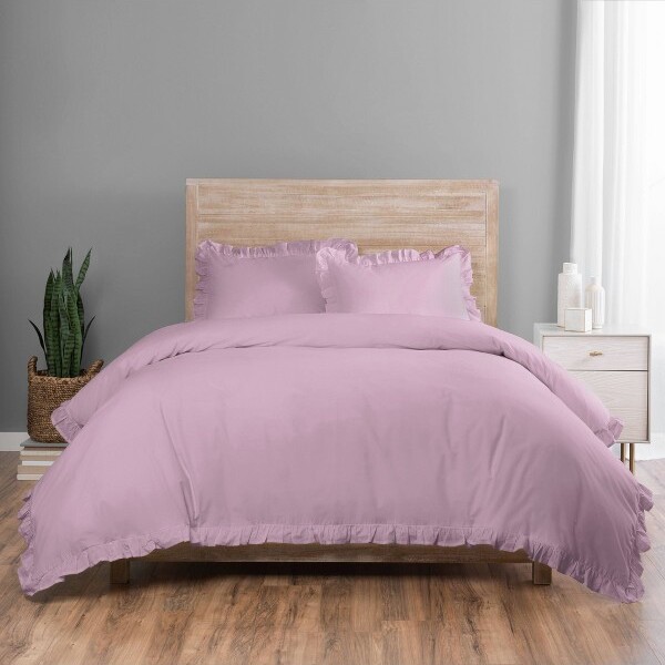 Vue VueQueen3pcRonaDuvetCover&ShamSetLilac:CottonBeddingSetwithRuffles,MachineWashable
