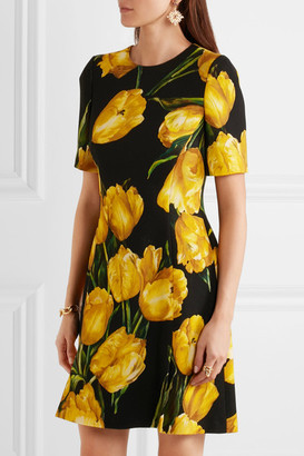Dolce & Gabbana Floral-print Wool-crepe Mini Dress - Yellow