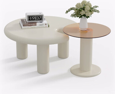 Wrought Studio Circular Beige Cream Coffee Table Set