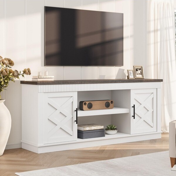 TROPOW FarmhouseTVStandfor70/75InchTVs65inLongEntertainmentCenterw/2Door&OpenStorageShelfRusticFlutedTelevisionConsolesStands