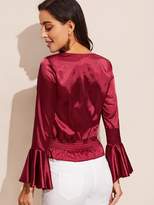 Thumbnail for your product : Shein Tie Neck Shirred Panel Bell Sleeve Satin Top