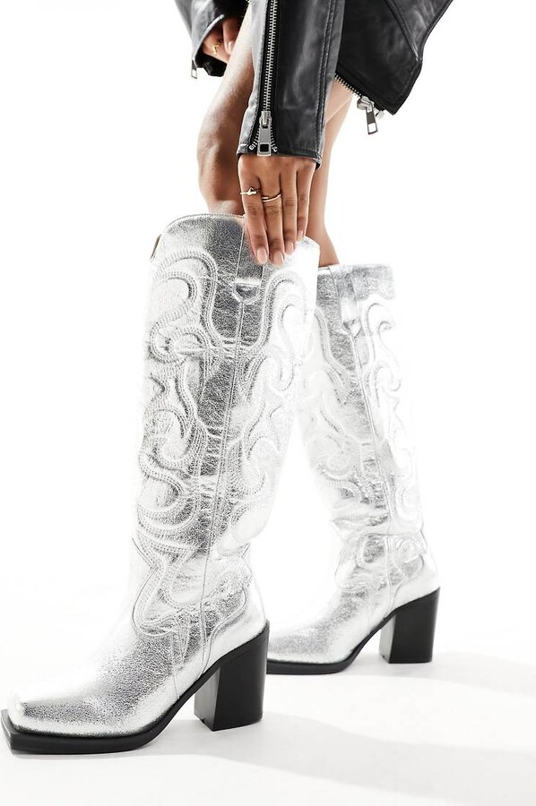 Public Desire Austine knee boots with western stitching in metallic silver