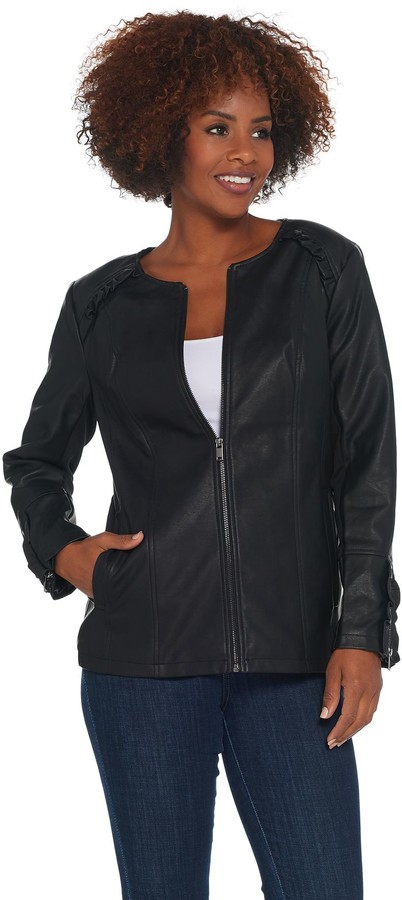 leather jacket with ruffle detail