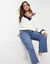 Thumbnail for your product : ASOS DESIGN Curve V-neck jumper in mixed stripe in cream
