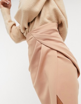 ASOS DESIGN wrapped scuba midi pencil skirt in tan