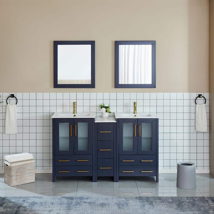 Vanity Art Brescia 60 in. W x 18.1 in. D x 35.8 in. H Double Basin Bathroom Vanity in Blue with Top in White Ceramic and Mirror