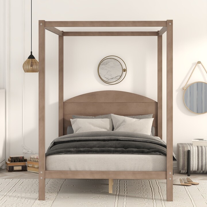 IGEMAN Full Size HalfMoon Headboard Canopy Bed Straight Lines Platform