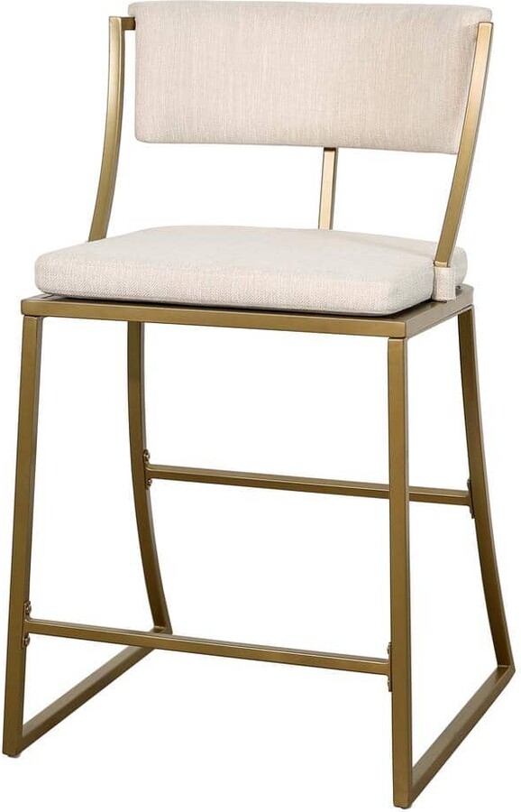 New Ridge Home Goods Mina 25 in. Antique Brass Mid-Back Metal Counter-Height Bar Stool with Upholstered Cream Seat, 1-Stool