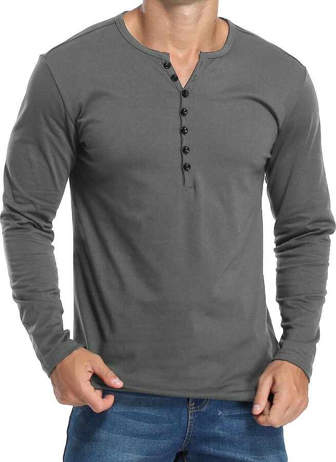 HAUSEIN Mens Henley Shirts Long Sleeve T-Shirts Slim Fit Casual Buttons Tee  Basic Tops Grey - ShopStyle