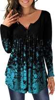 Thumbnail for your product : Demo Tunic Women's Floral Tops Long Sleeve Henley V Neck Button Down Pleated Blouse T Shirt Top - - Small