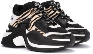 Naked Wolfe Track Sneaker In Black Leather With Zebrine Printed Pony Details