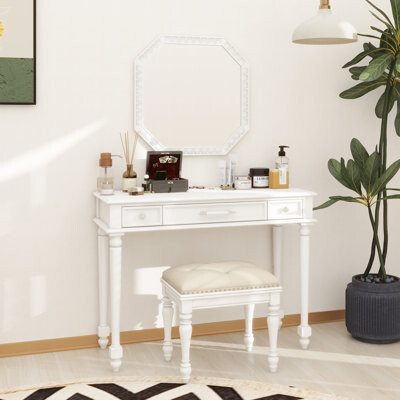 Retro Makeup Desk With Large Mirror, 3-Drawer Dressing Table For Jewelry Storage, Elegant Console Table For Bedroom, Living Room, Hallway & Foyer,Whit