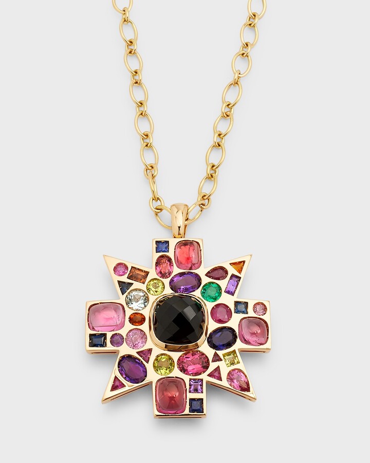 Verdura 18K Yellow Gold Black Spinel, Rubellite and Colored Stone Byzantine Pendant-Brooch Necklace