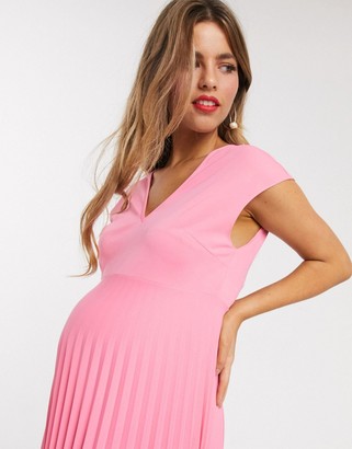 ASOS DESIGN Maternity v back midi dress with pleated asymmetric skirt in pink