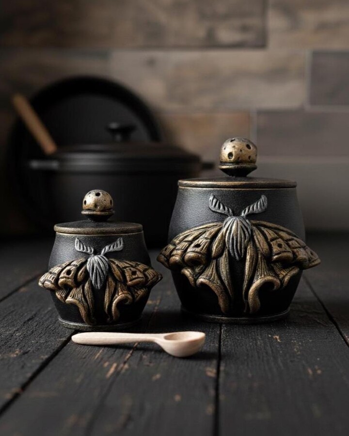 Luna Moth Sugar Bowl With Lid // Wooden Container Handmade Salt Cellar Forest Witch Kitchen Canister