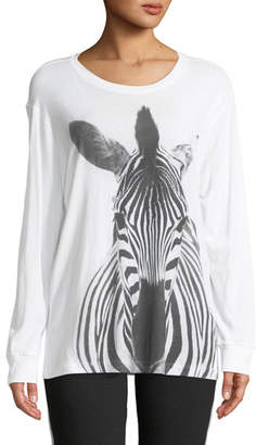 Norma Kamali Long-Sleeve Crewneck Zebra-Print Cotton Tee