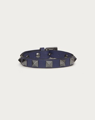 Valentino Garavani Uomo Rockstud Leather Bracelet With Ruthenium Studs Man Slate Blue 100% Calfskin OneSize